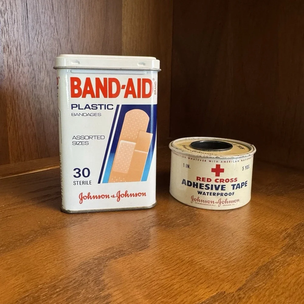 Vintage Johnson & Johnson Band Aid Plastic Bandages & Adhesive Tape Metal Tins
